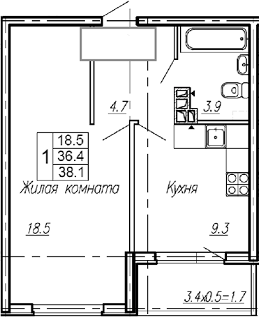 Планировка — Эво, 1-комн., 36 м²
