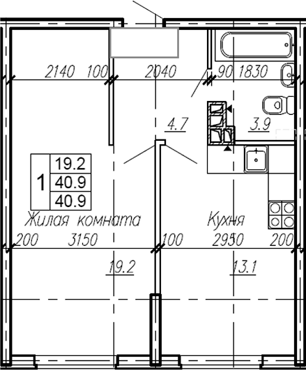 Планировка — Эво, 1-комн., 41 м²