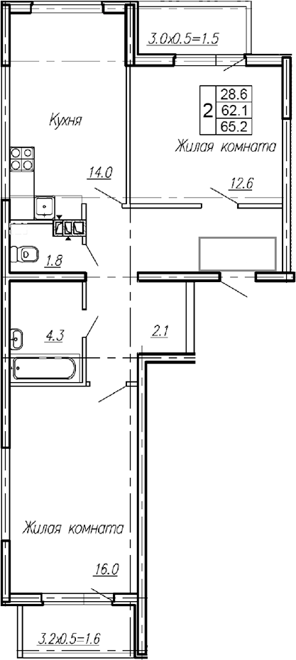 Планировка — Эво, 2-комн., 62 м²