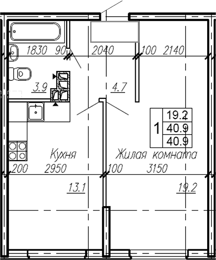 Планировка — Эво, 1-комн., 41 м²