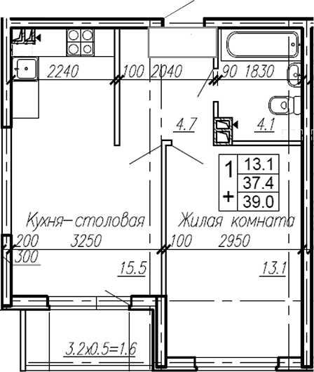 Планировка — Эво, 1-комн., 37 м²