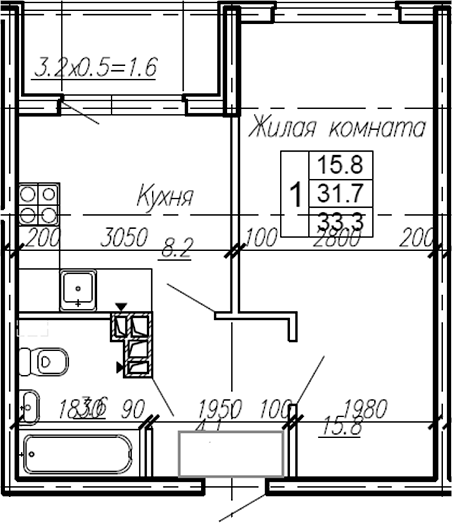 Планировка — Эво, 1-комн., 32 м²