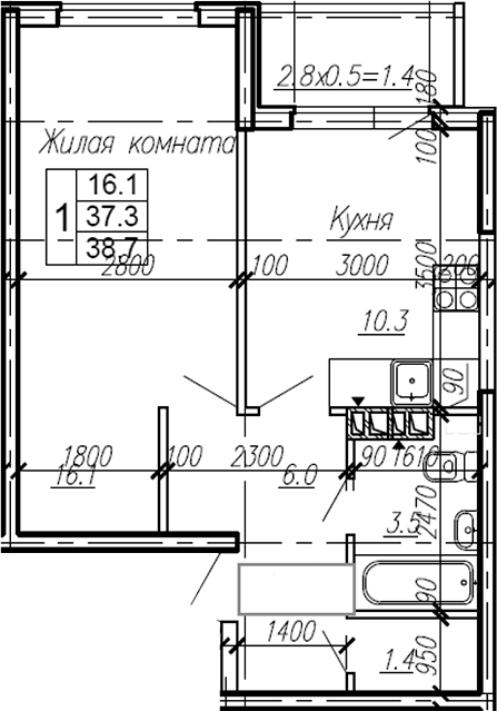 Планировка — Эво, 1-комн., 37 м²