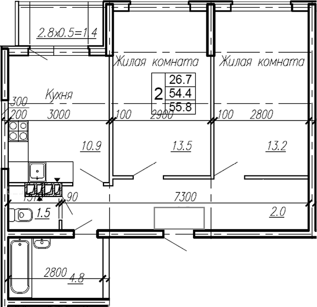 Планировка — Эво, 2-комн., 54 м²