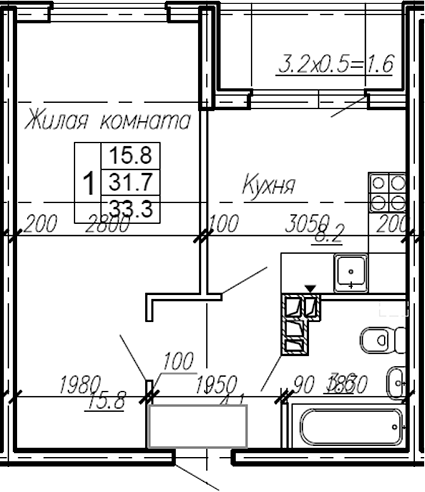 Планировка — Эво, 1-комн., 32 м²