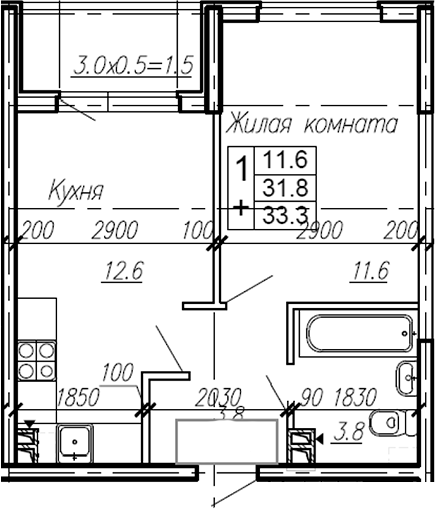 Планировка — Эво, 1-комн., 32 м²
