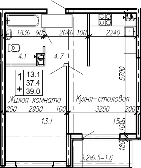 Планировка — Эво, 1-комн., 37 м²