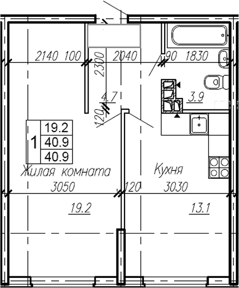 Планировка — Эво, 1-комн., 41 м²