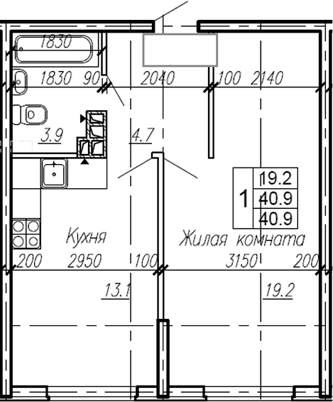 Планировка — Эво, 1-комн., 41 м²
