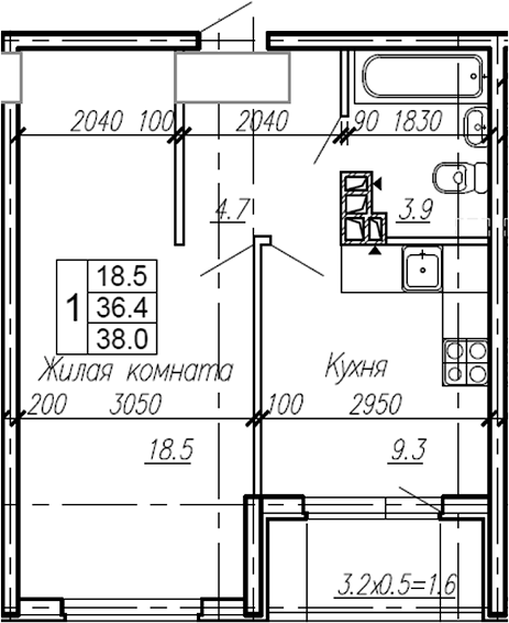 Планировка — Эво, 1-комн., 36 м²