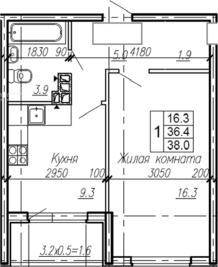 Планировка — Эво, 1-комн., 36 м²