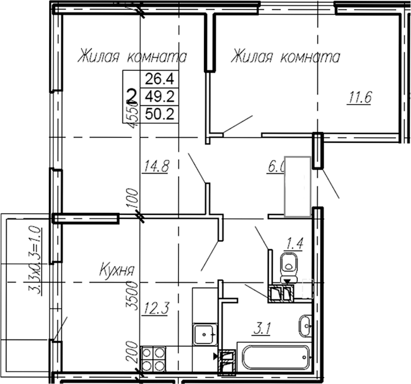 Планировка — Эво, 2-комн., 49 м²