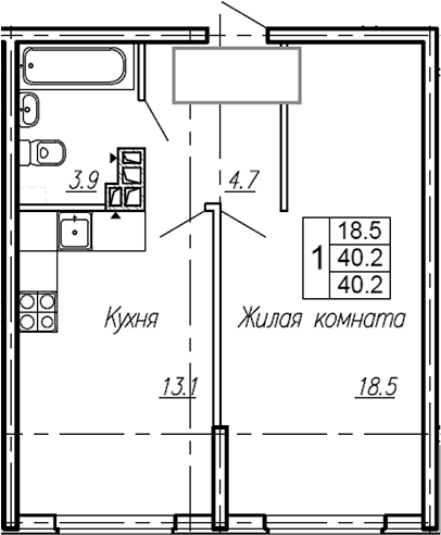 Планировка — Эво, 1-комн., 40 м²