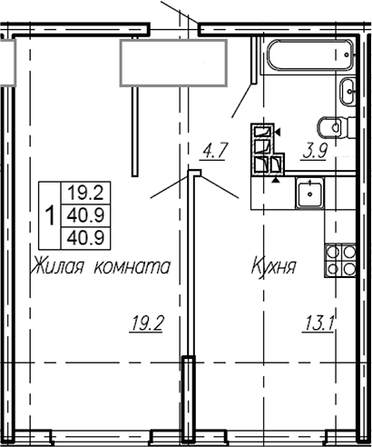 Планировка — Эво, 1-комн., 41 м²