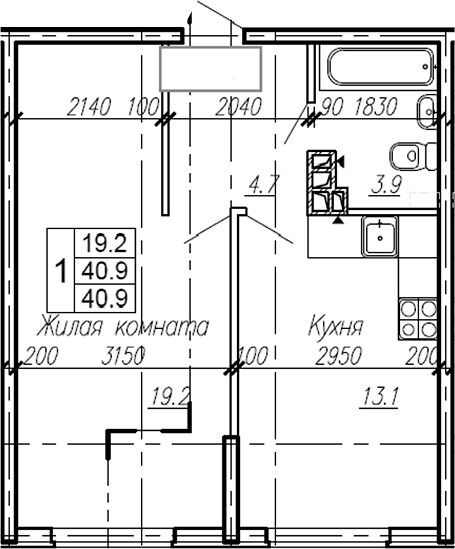 Планировка — Эво, 1-комн., 41 м²