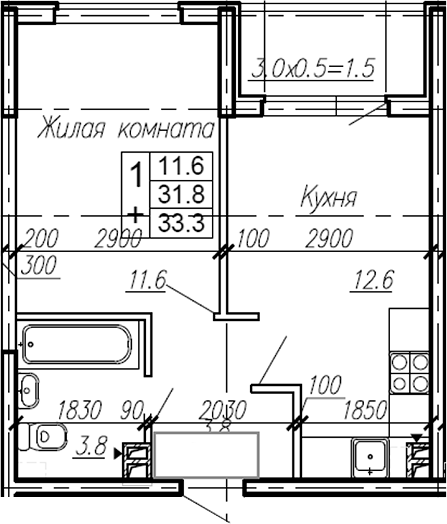 Планировка — Эво, 1-комн., 32 м²