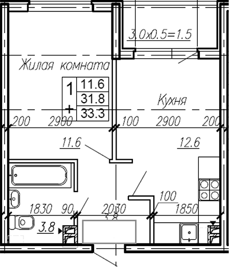 Планировка — Эво, 1-комн., 32 м²