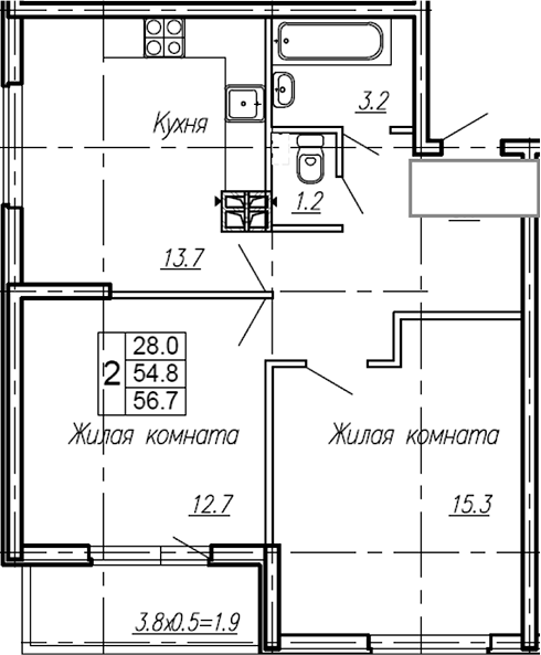 Планировка — Эво, 2-комн., 55 м²