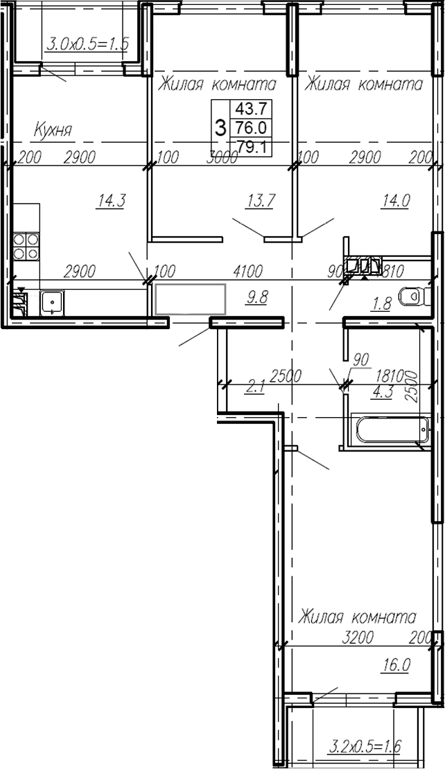 Планировка — Эво, 3-комн., 76 м²