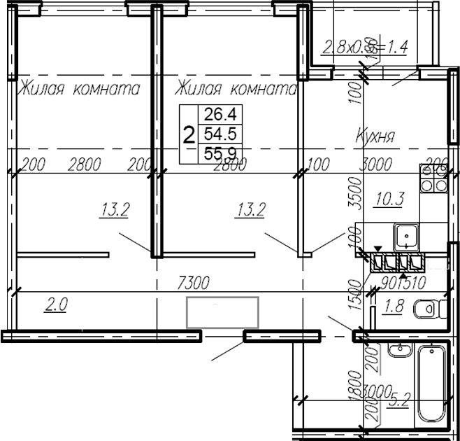 Планировка — Эво, 2-комн., 55 м²