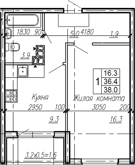 Планировка — Эво, 1-комн., 36 м²