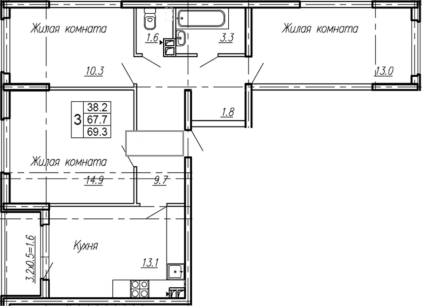 Планировка — Эво, 3-комн., 68 м²
