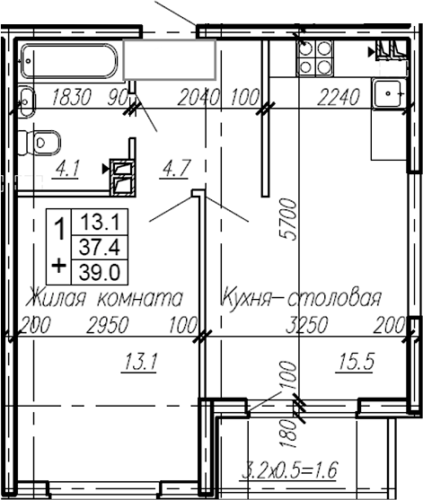 Планировка — Эво, 1-комн., 37 м²