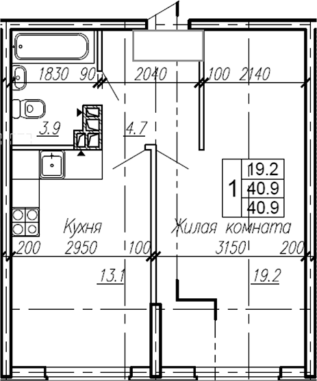 Планировка — Эво, 1-комн., 41 м²