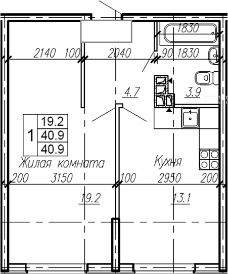 Планировка — Эво, 1-комн., 41 м²