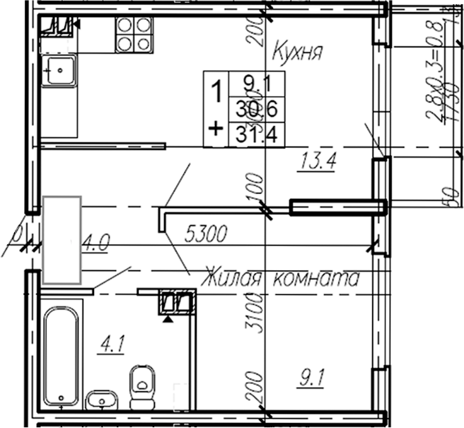 Планировка — Эво, 1-комн., 31 м²