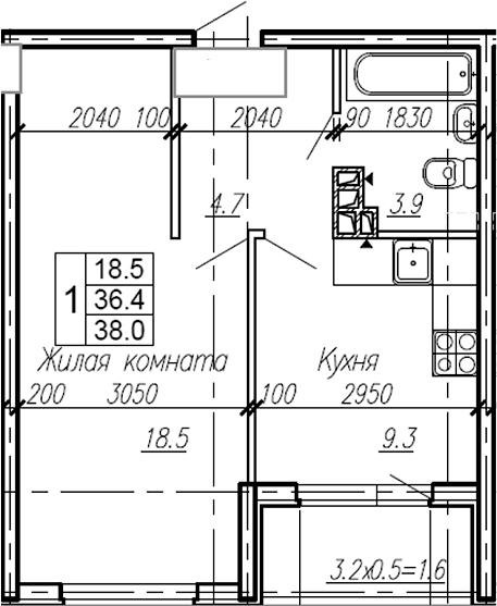 Планировка — Эво, 1-комн., 36 м²
