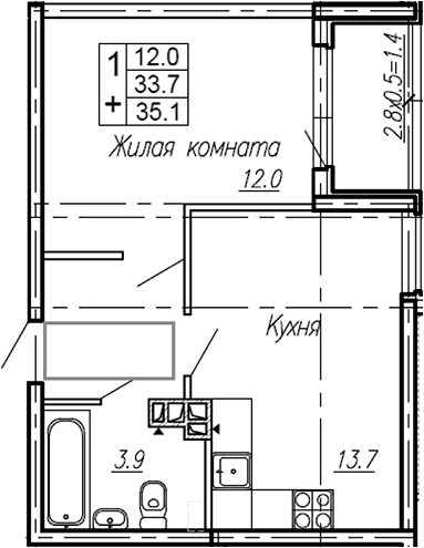 Планировка — Эво, 1-комн., 34 м²