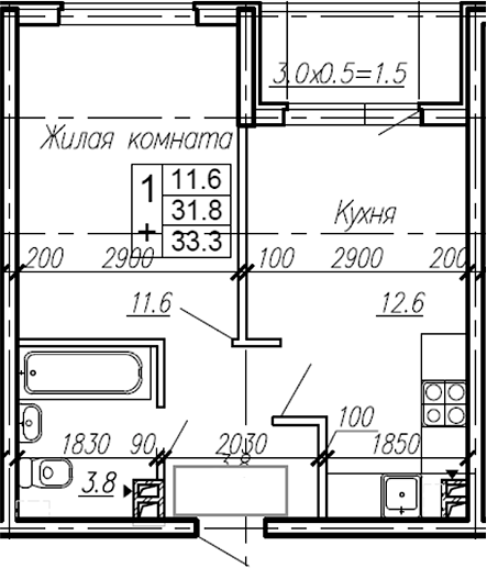 Планировка — Эво, 1-комн., 32 м²
