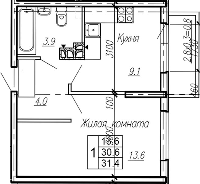 Планировка — Эво, 1-комн., 31 м²