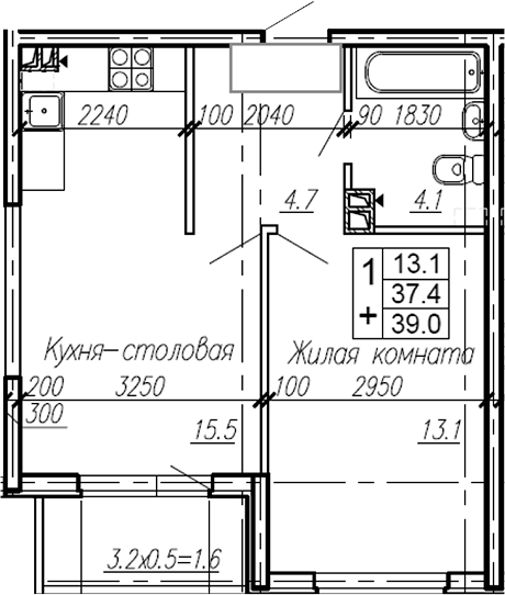 Планировка — Эво, 1-комн., 37 м²