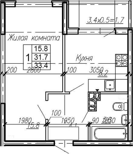 Планировка — Эво, 1-комн., 32 м²