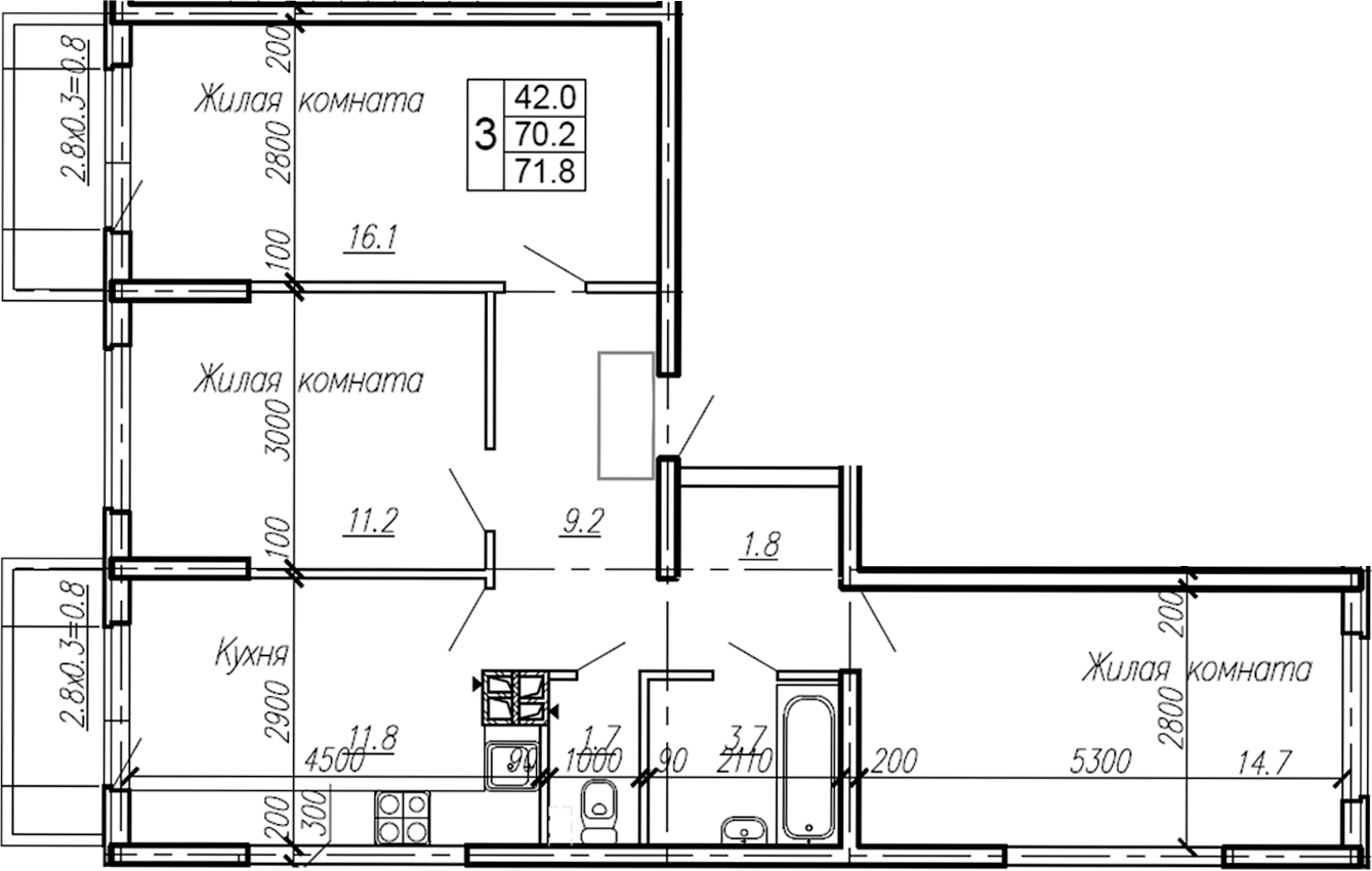 Планировка — Эво, 3-комн., 70 м²