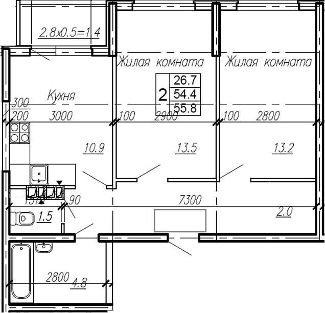 Планировка — Эво, 2-комн., 54 м²