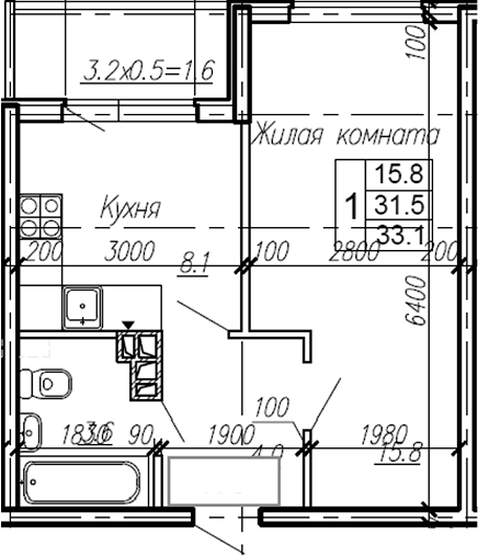 Планировка — Эво, 1-комн., 32 м²