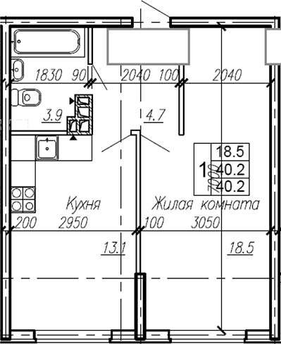Планировка — Эво, 1-комн., 40 м²