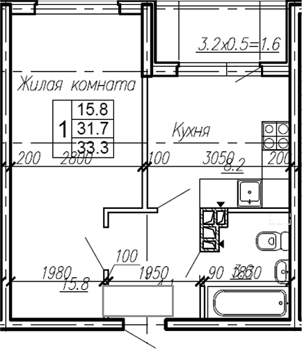 Планировка — Эво, 1-комн., 32 м²