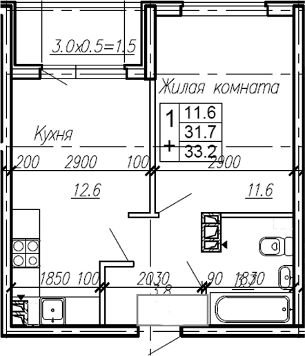 Планировка — Эво, 1-комн., 32 м²