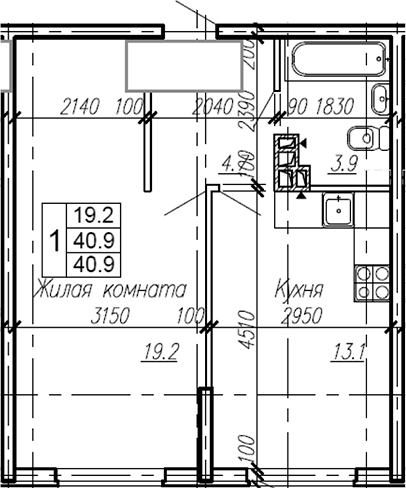 Планировка — Эво, 1-комн., 41 м²