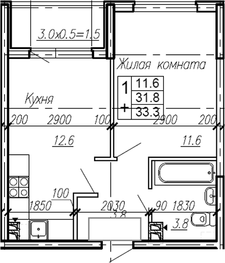 Планировка — Эво, 1-комн., 32 м²