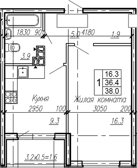Планировка — Эво, 1-комн., 36 м²