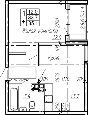 Планировка — Эво, 1-комн., 34 м²