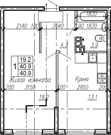Планировка — Эво, 1-комн., 41 м²