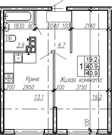 Планировка — Эво, 1-комн., 41 м²