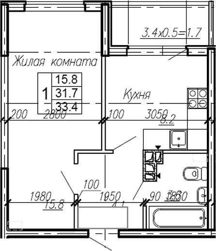 Планировка — Эво, 1-комн., 32 м²