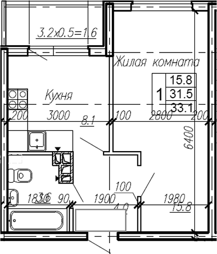 Планировка — Эво, 1-комн., 32 м²